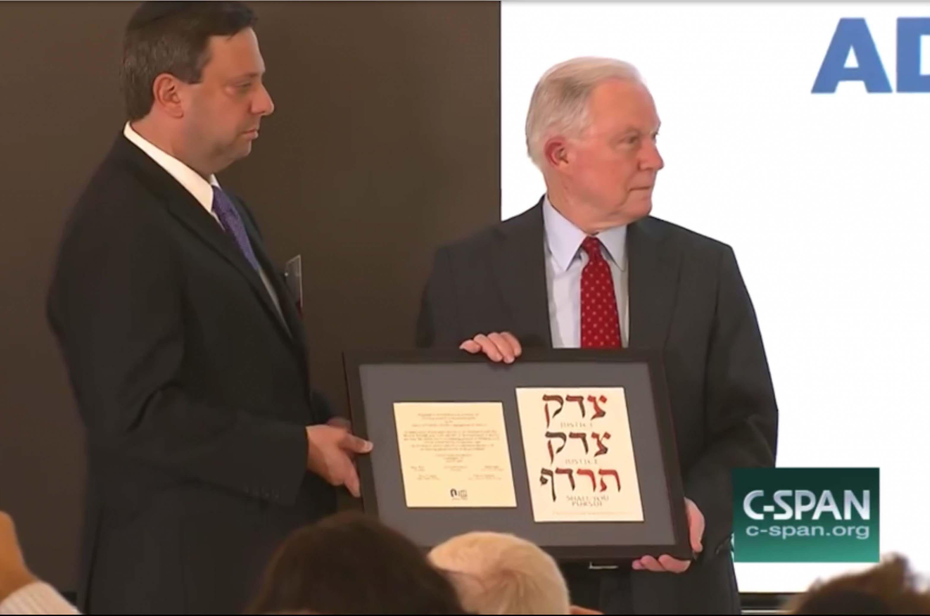 Jeff Sessions accepting award from the Orthodox Union, June 13, 2013. Screenshot via C-SPAN YouTube channel.